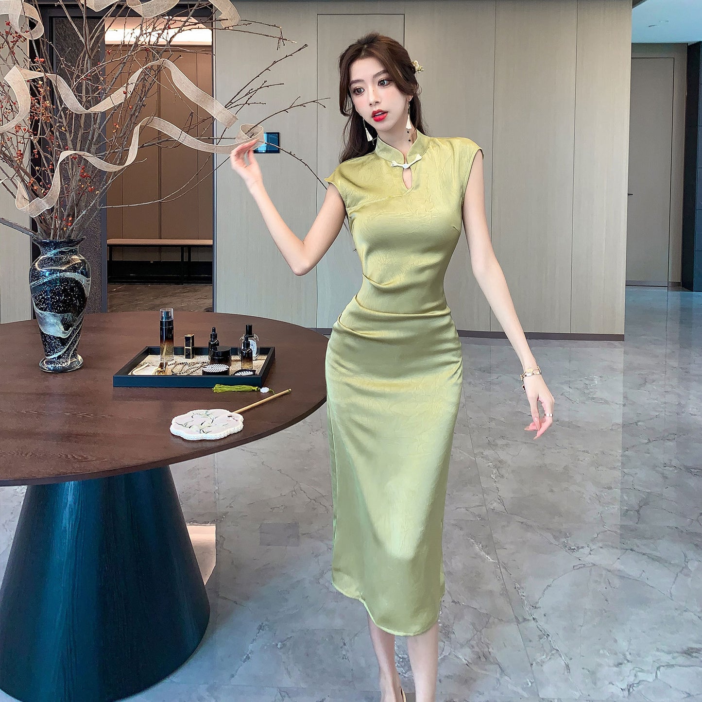 Cobalt green acetic acid satin women's clothing 2025 spring and summer new thin national style cheongsam waist hollow dress long dress banquet