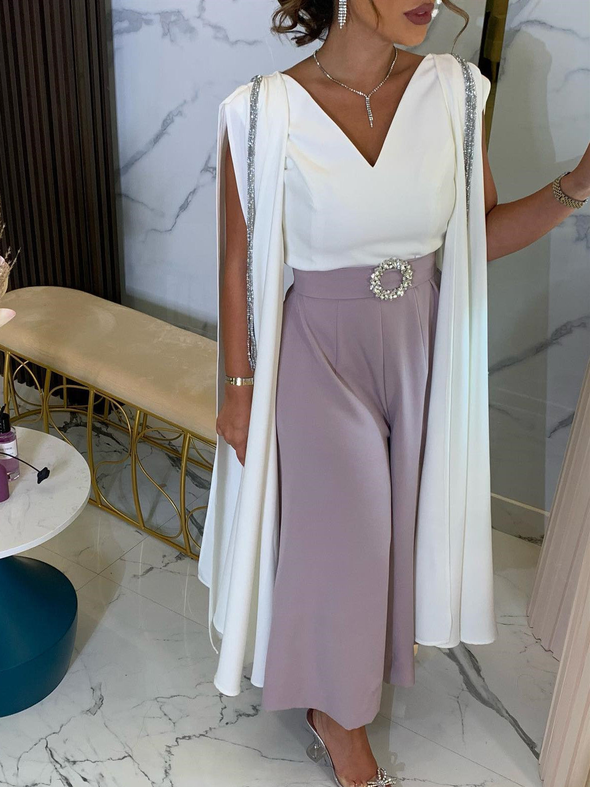 2025 Middle East women's clothing spring and summer new temperament slim-fitting sexy chest high waist diamond shawl dress jumpsuit