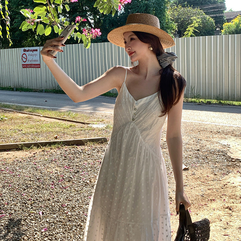 2025 spring new Korean version high waist elegant suspender dress V neck solid color pure desire skirt 88161