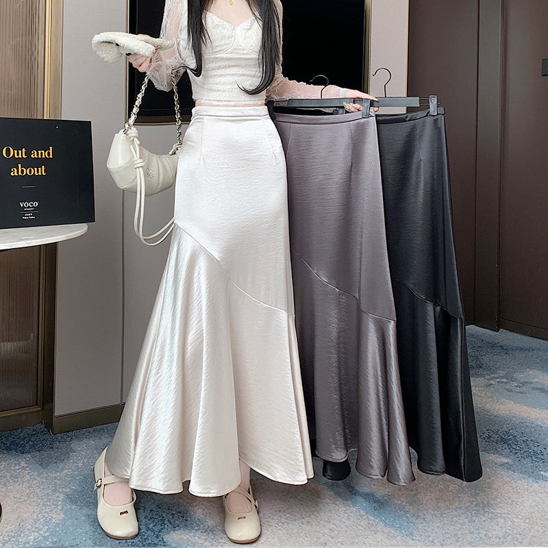 Satin skirt large size fat MM2025 spring and summer new fashion splicing fishtail skirt high waist long skirt Popular trade
