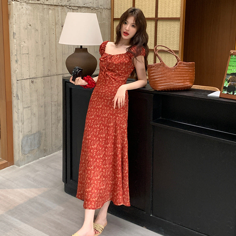 2025 Thirteen Lines Spring and Summer New Temperament Printed Retro High Waist Short Sleeve Dress Children 88033