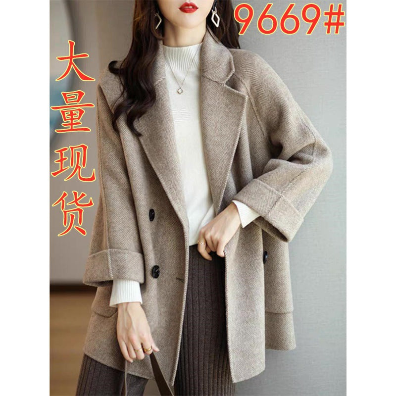 High-end handmade herringbone woolen coat for women 2025 autumn and winter medium-length small wool double-sided woolen coat loose
