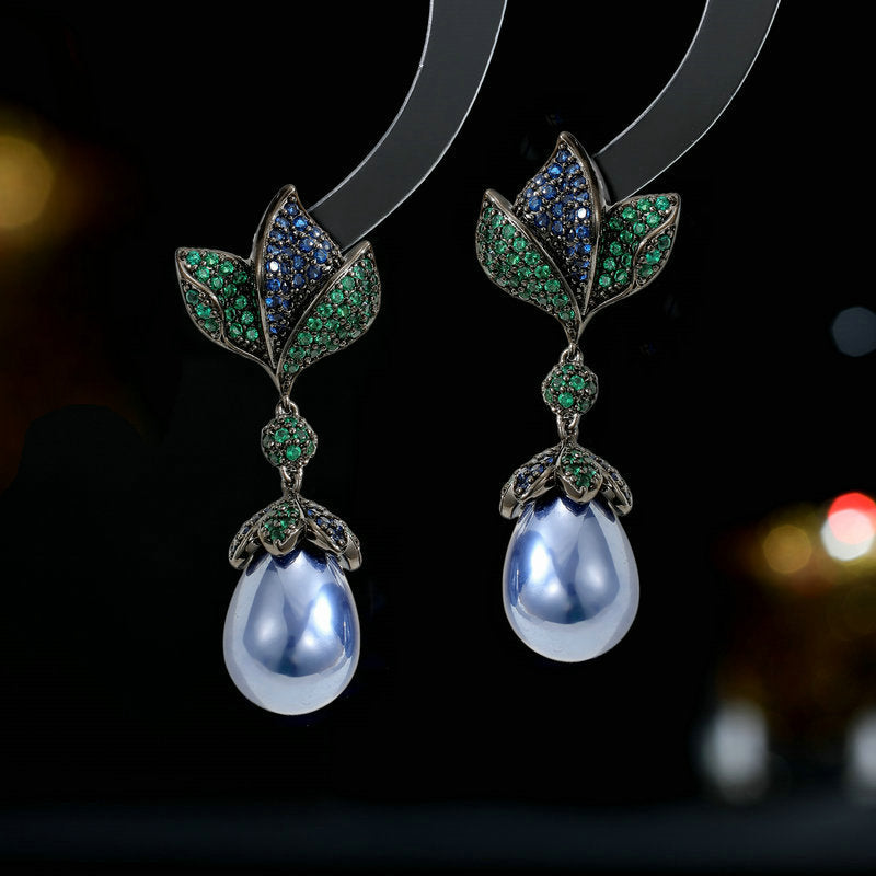2025 S925 silver needle retro elegant temperament new earrings wholesale zircon inlaid flower water drop pearl earrings