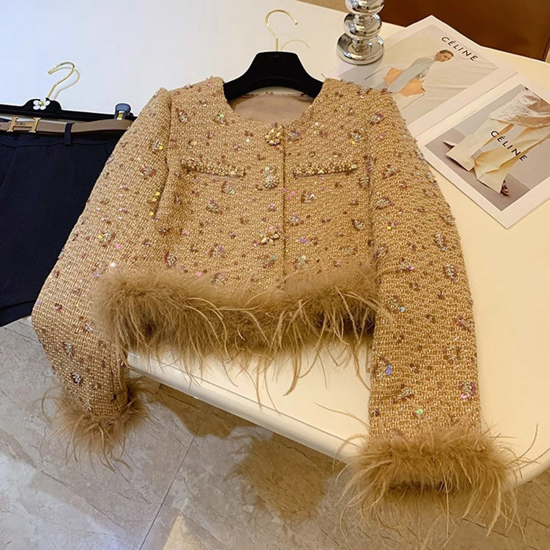 2025 popular new sequined thickened down jacket small fragrant jacket splicing ostrich hair celebrity noble top women's cardigan