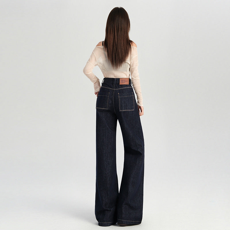 2025 Denim primary color jeans women's retro dark wide-leg pants popular autumn high waist loose and thin loose floor pants