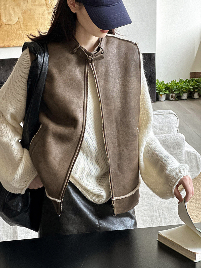 2025 popular autumn new top retro stand-up collar sleeveless vest vest loose warm jacket 8023-1