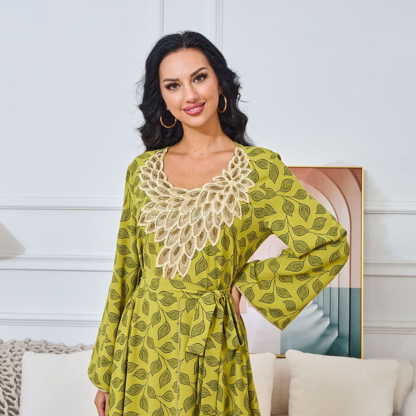 MT161 New high-end women's clothing popular new hot-selling printed long crew neck dress women