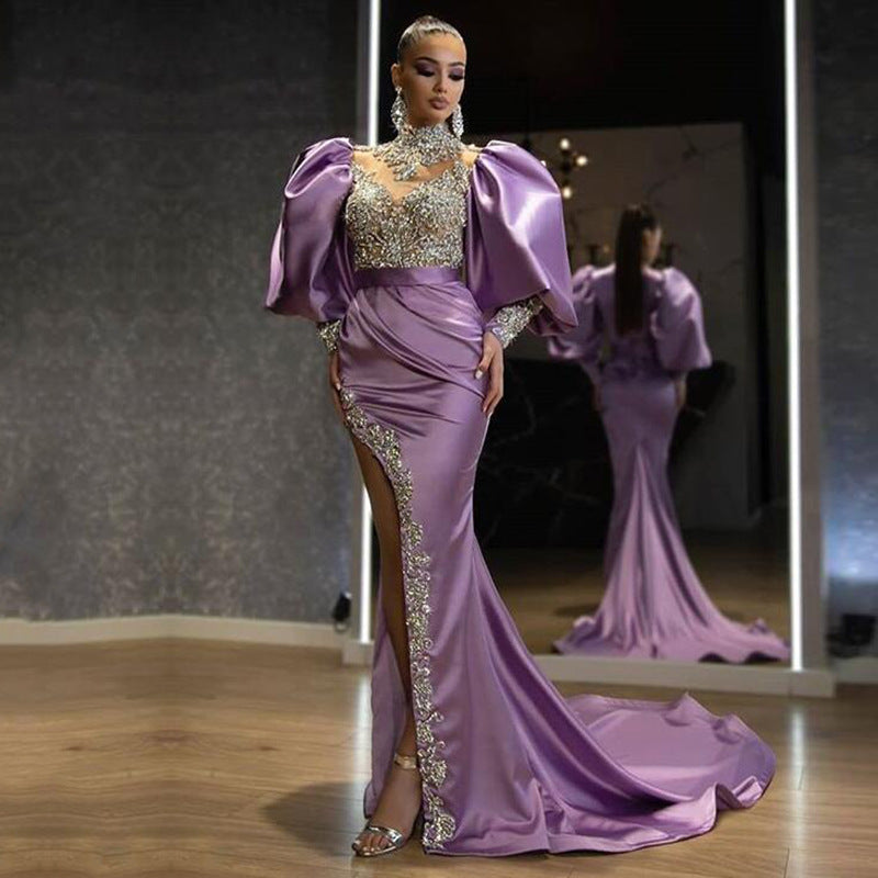 new New dress princess sleeve hip-wrapped long dress trailing tail sprinkling gold temperament evening dress