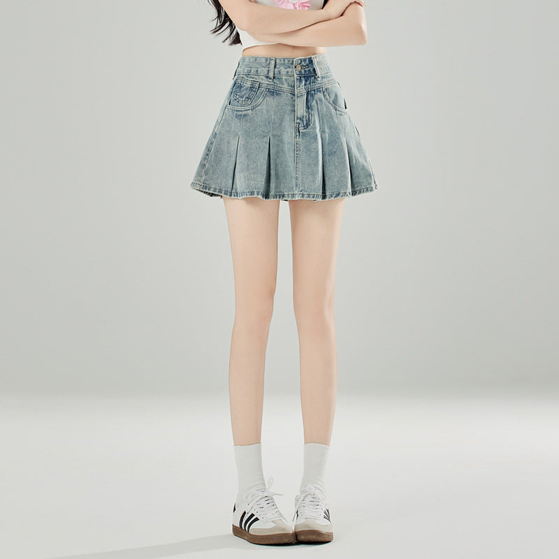 2025 Light blue denim skirt women's summer popular new high-waisted A-word pleated skirt showing long legs Spice girl short skirt