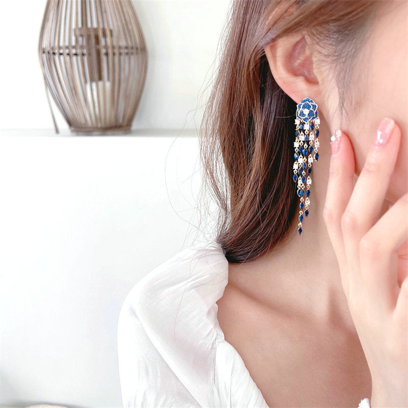 2025 2025 earrings, heavy industry color zirconium flower earrings 925 silver needle long tassel temperament dinner camellia earrings women