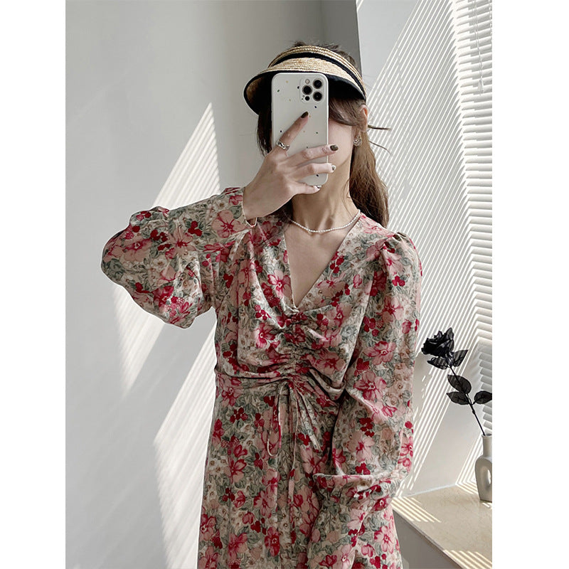 2025 2025 spring Korean port style retro strap dress temperament V-neck medium and long floral chiffon skirt women 8001