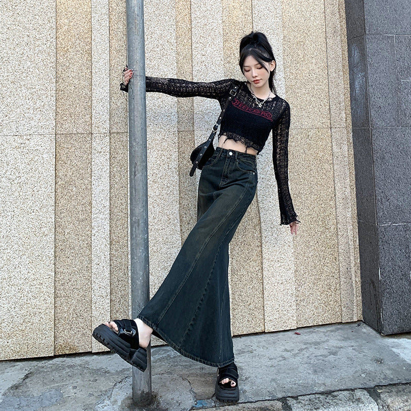 2025 Retro blue denim skirt women's spring popular new high waist and thin medium and long fishtail hip skirt