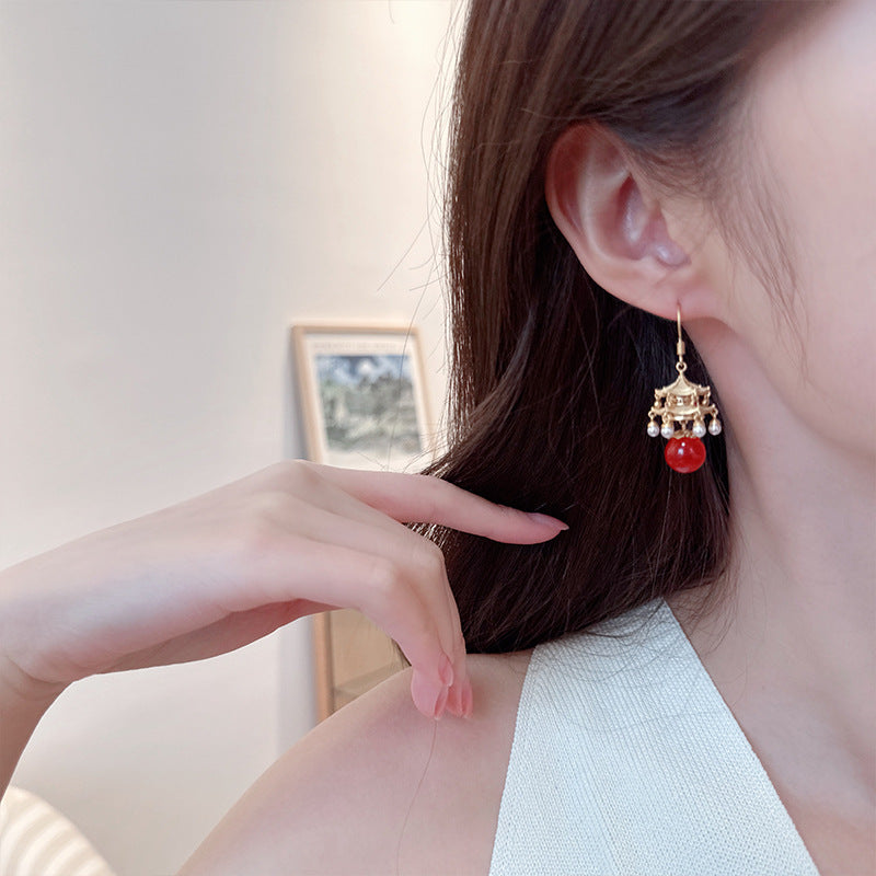 2025 New high-end agate pearl fringed antique earrings New Chinese high-end pavilion palace lamp court style earrings