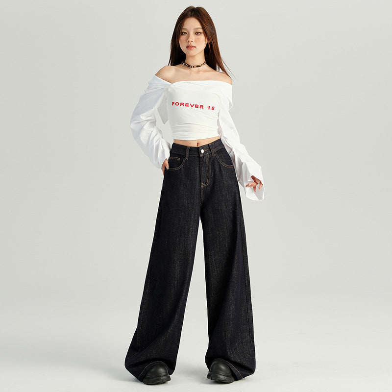 2025 Wholesale hair generation n retro high waist wide leg jeans women's dark blue autumn new loose lazy straight tube