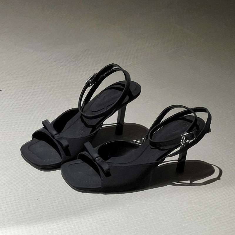 2025 ankle strap silver satin bow high heel cool slippers thin heel open-toed women's sandals temperament