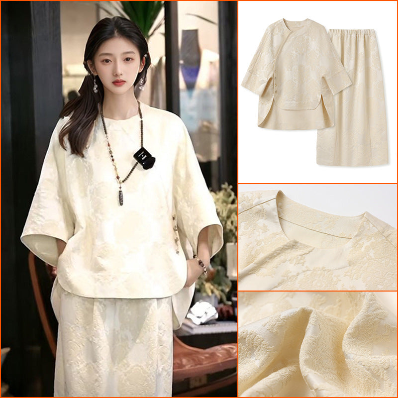 2025 early spring new Chinese style texture fashion design loose silk top skirt suit women N3016