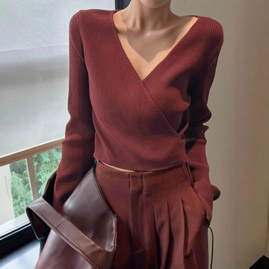 2025 Spot Angola burgundy V-neck sweater wide-leg pants two-piece set, new salt light ripe high-end commuter set