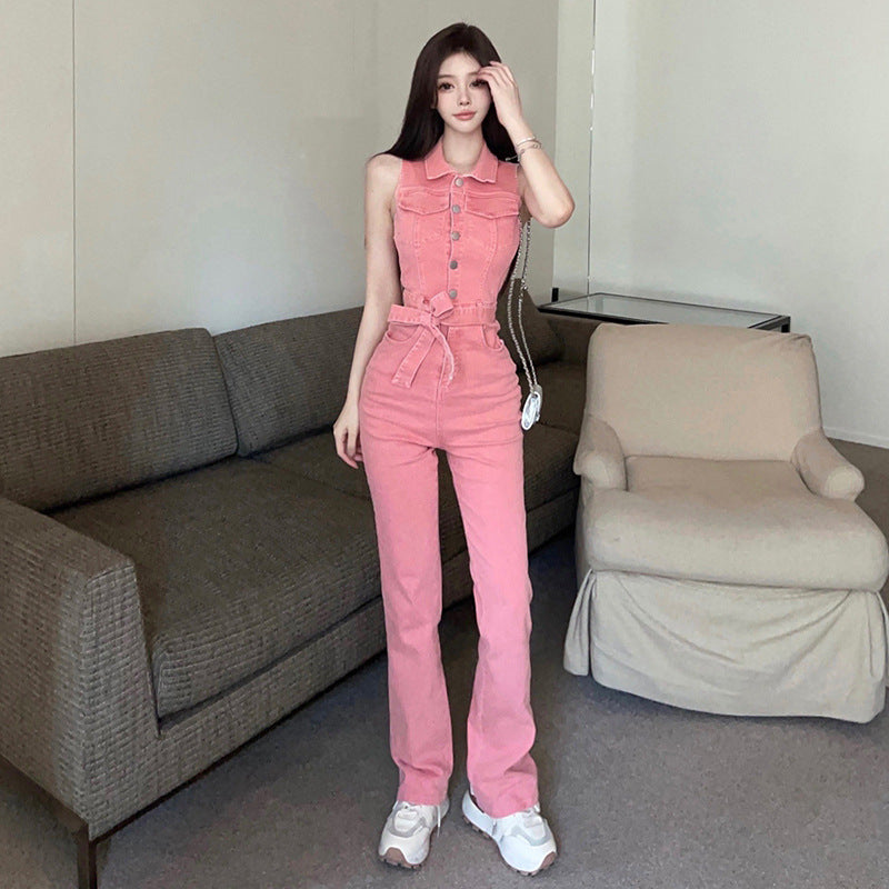 Denim jumpsuit women's 2025 summer dress new fashion retro Spice Girl design sense strap lapel sleeveless waist pants
