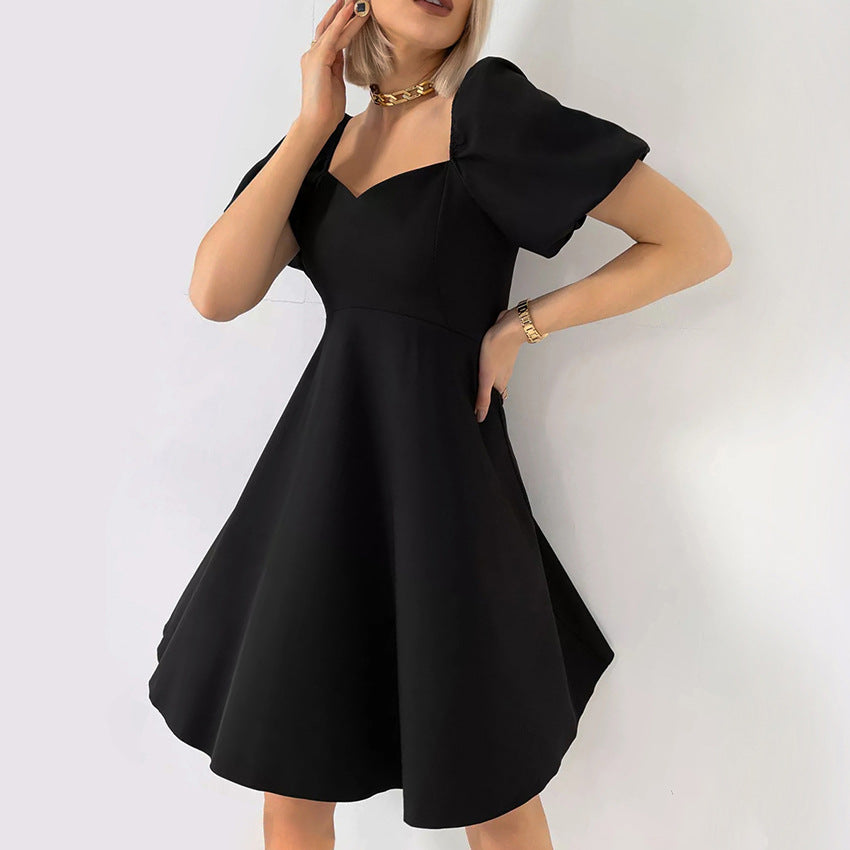 2025 Temperament Square Neck Bubble Sleeve High Waist Slim A Pendulum Dress popularwildberries Spring Hot Sale New Women