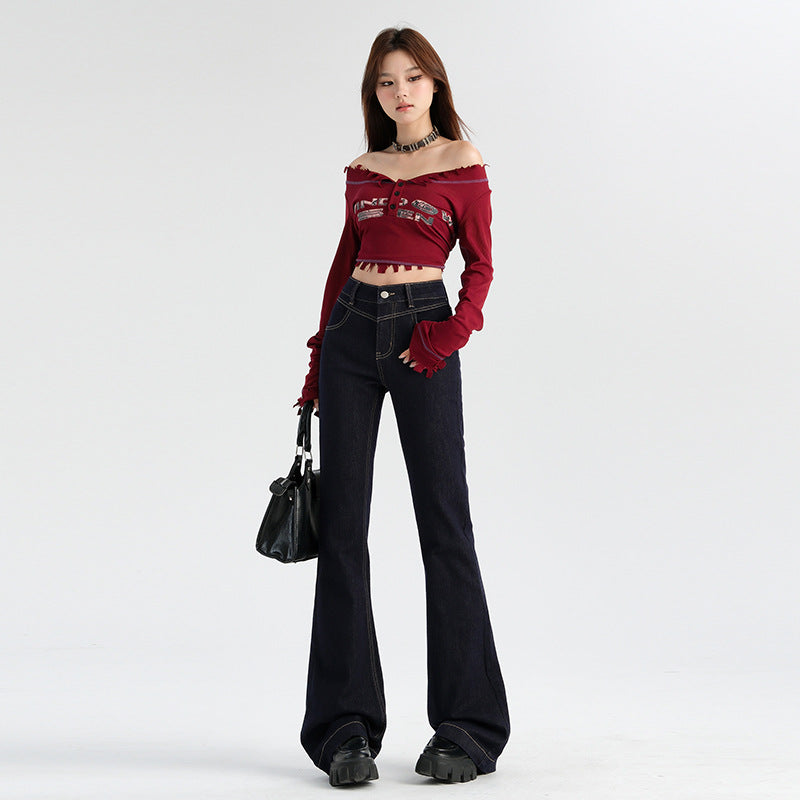 2025 Denim micro-pull jeans women's autumn popular new small high-waisted slim-fitting and thin elastic micro-flared pants