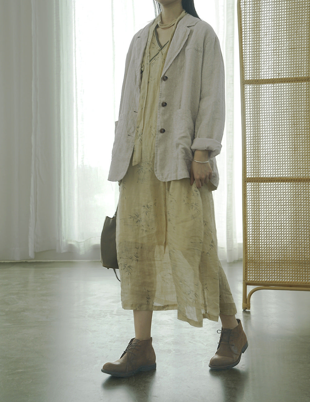 national style Zen sketch printing diagonal dress, light Chinese double-layer ramie loose cheongsam L22268