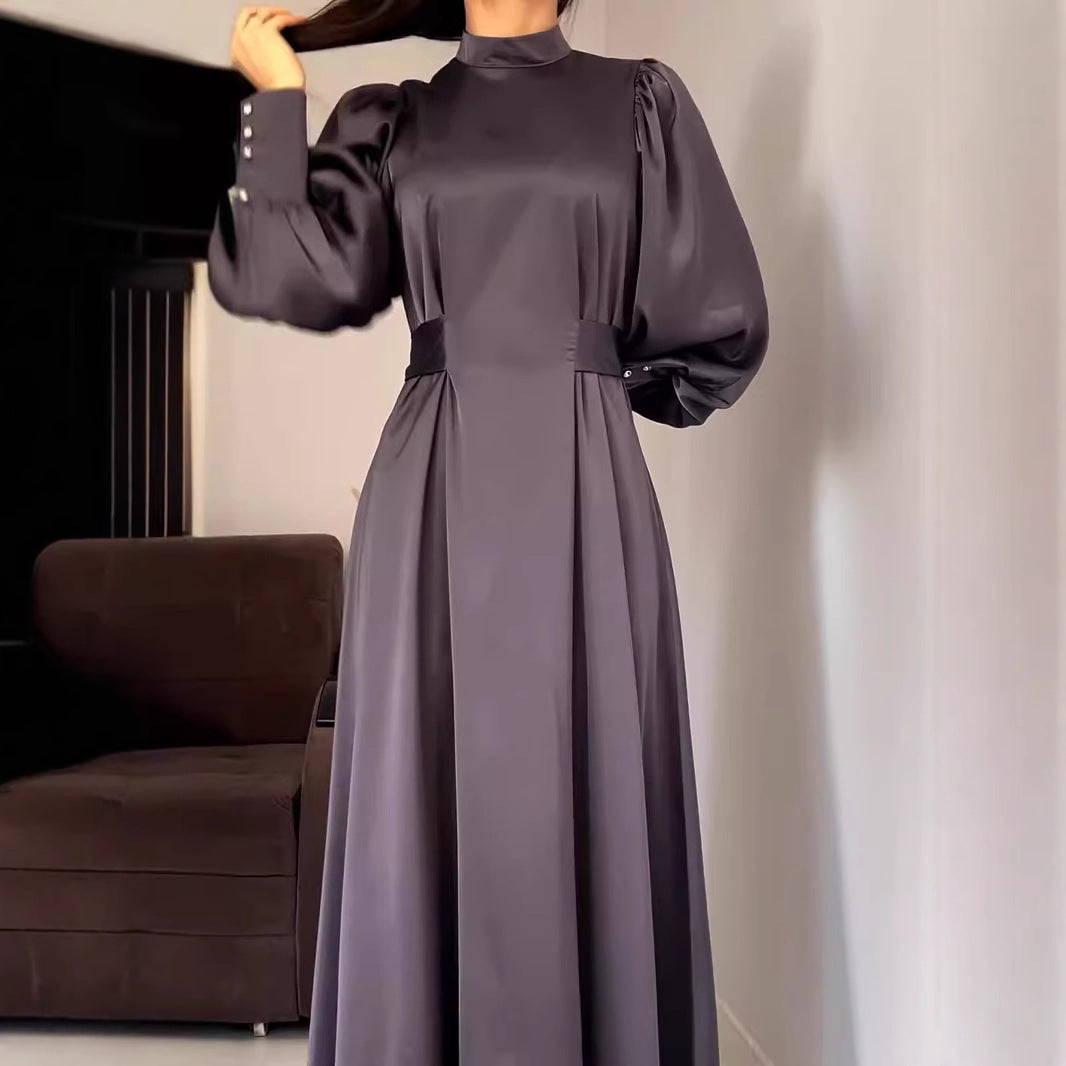 2025 popular autumn and winter new waist solid color long sleeve slim belt retro elegant dress