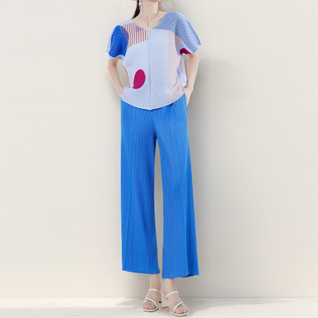 2025 Fashion suit women's high-end summer printing bat sleeve short-sleeved T-shirt casual straight-leg pants two-piece set