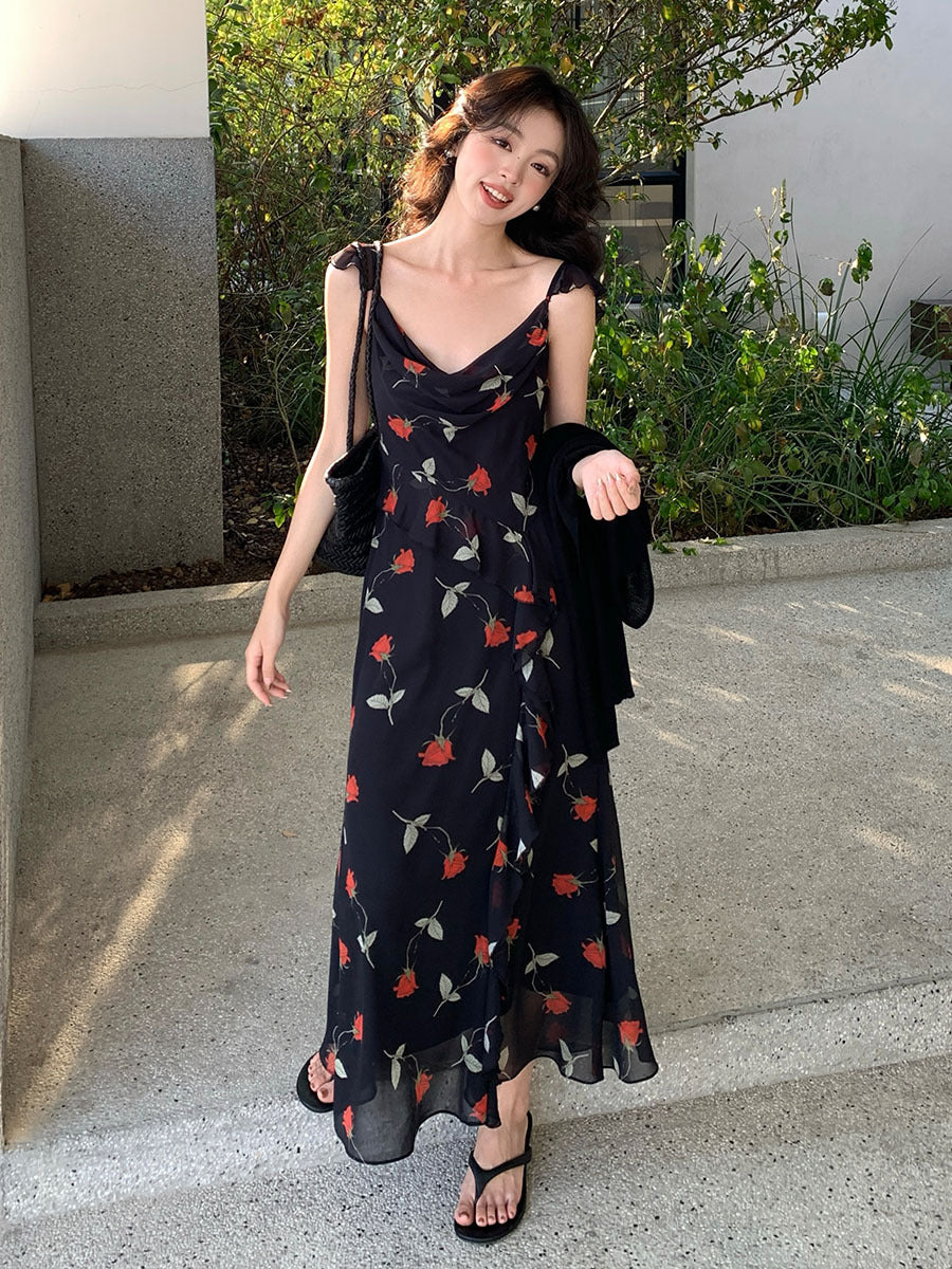 2025 spring and summer new Korean version high waist suspender dress printed pure desire vacation skirt women 88195