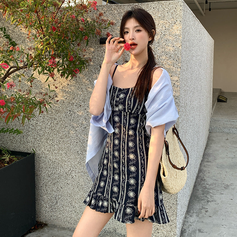 2025 spring new retro high-waisted vacation style suspender dress embroidered pure desire skirt women 88186