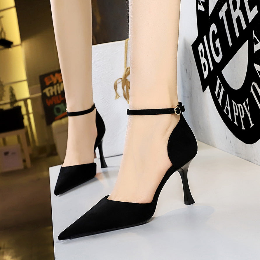 2025 8323-7 style fashionable simple pedicure thin suede shallow mouth pointed hollow word with high heels women's sandals