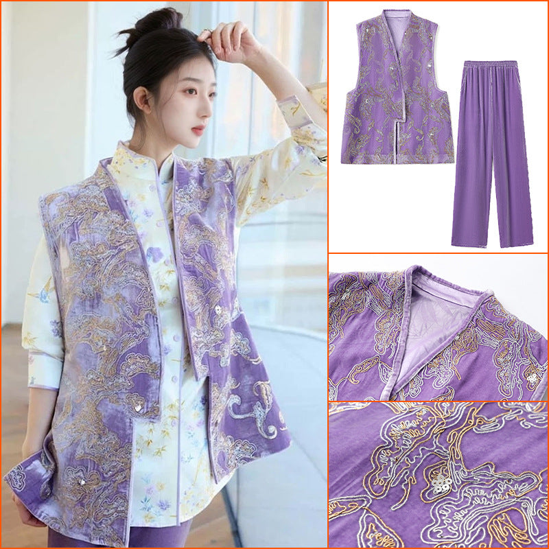 2025 New Chinese style high-end design sense embroidered vest stand-up collar mulberry silk temperament shirt set N1027