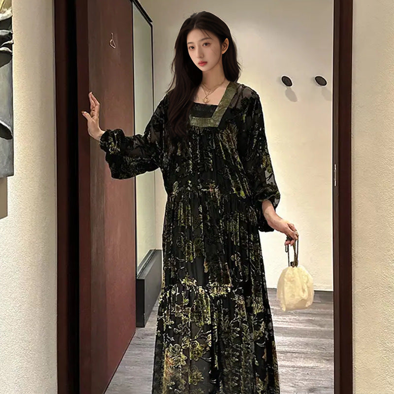 National Style New Chinese Fashion Lantern Sleeve Square Neck Long Dress Spring and Summer 2025 New Heavy Industry Burning Dress N3052
