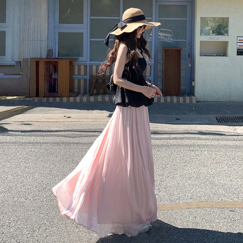 one-word shoulder small vest, bud top, sparkling elastic waist skirt, elegant and drape long skirt 2025