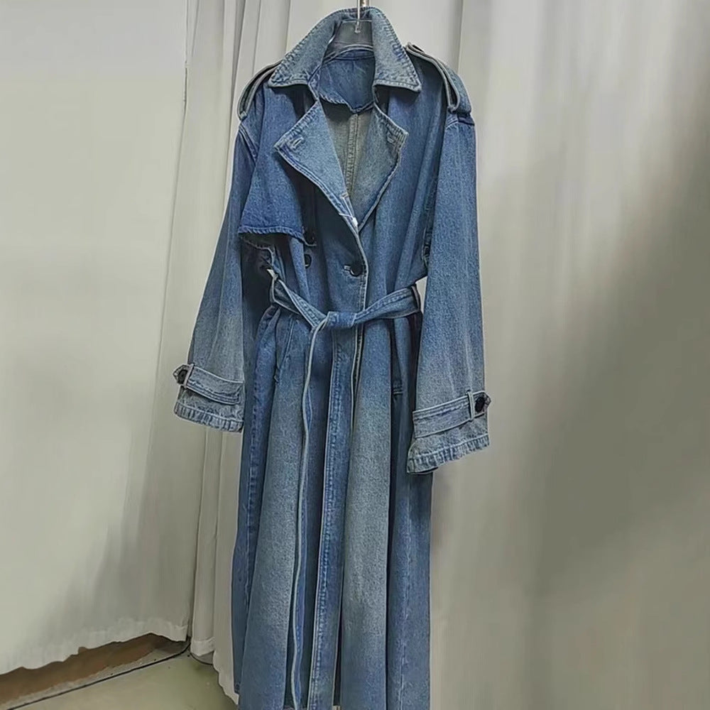 2025 Popularan wash blue denim long trench coat women's autumn temperament advanced sense retro casual double-breasted denim coat