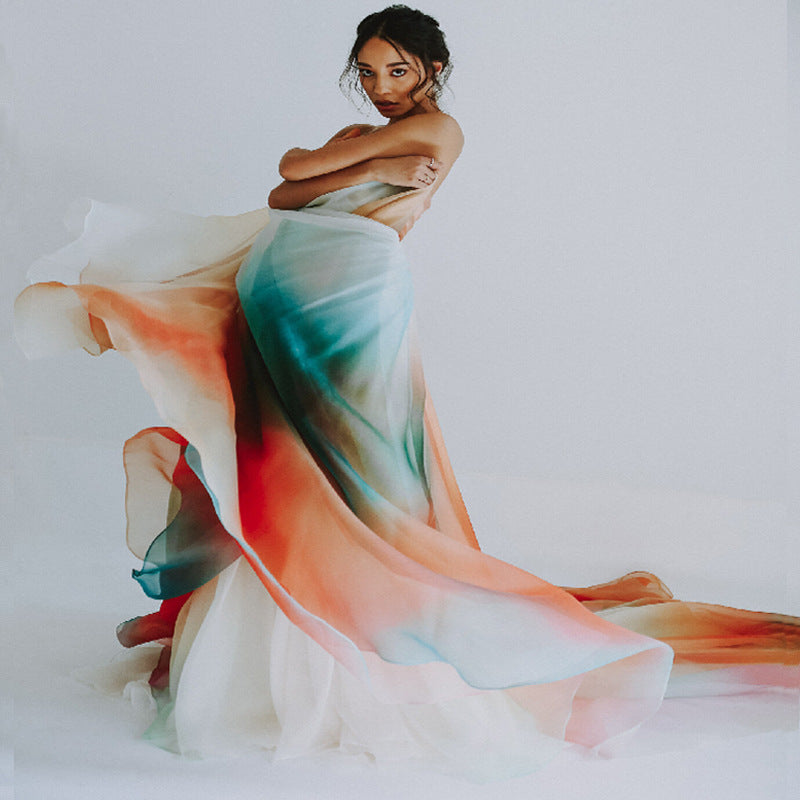 2025New new multi-color rainbow skirt women's clothing one-piece lace-up single-layer classical dance bust dress