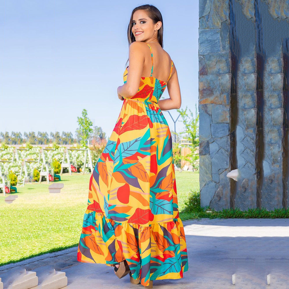 2025New summer new women's clothing backless dress, thin waist long dress temperament split suspender skirt