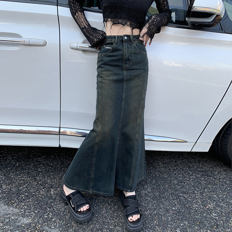 2025 Retro blue denim skirt women's spring popular new high waist and thin medium and long fishtail hip skirt
