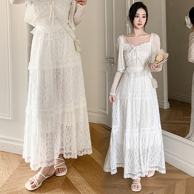 White lace skirt 2025 new design sense embroidered princess tutu skirt casual cake long skirt women's Popular trade