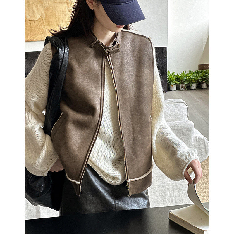 2025 popular autumn new top retro stand-up collar sleeveless vest vest loose warm jacket 8023-1