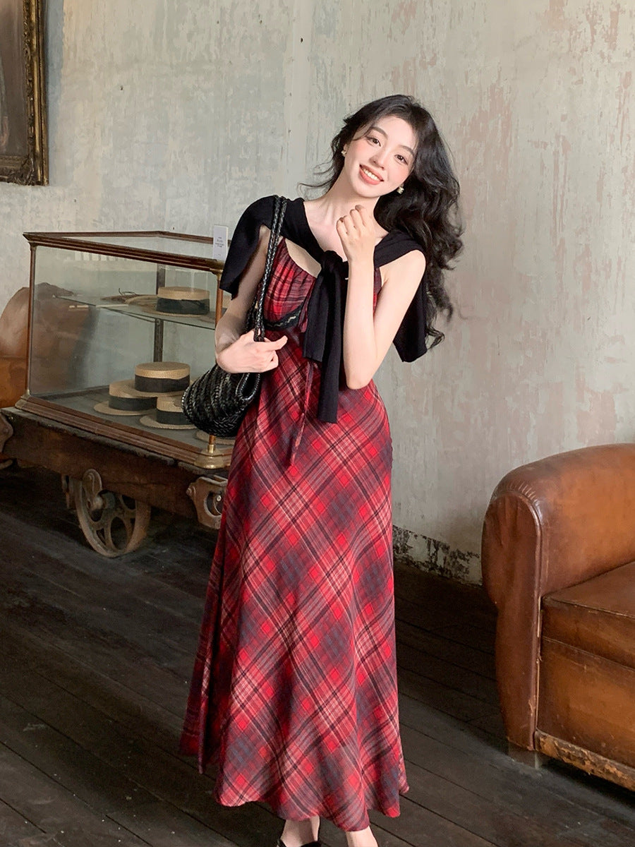 2025 spring new Korean version high waist suspender dress plaid pure desire vacation skirt women 88188