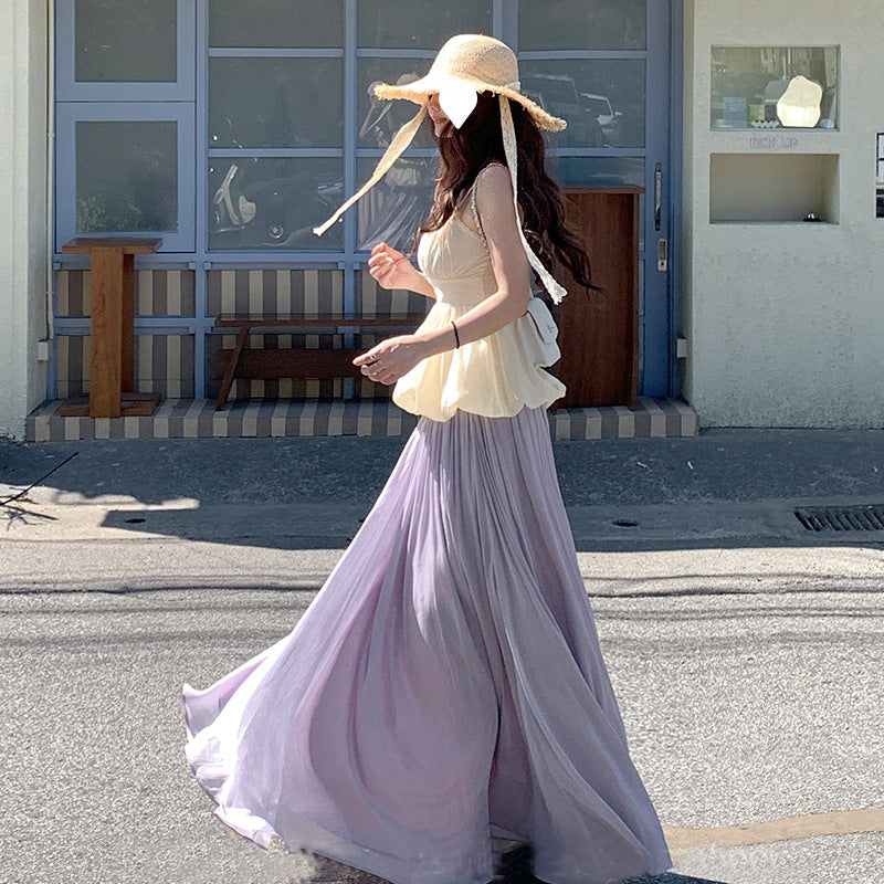 one-word shoulder small vest, bud top, sparkling elastic waist skirt, elegant and drape long skirt 2025
