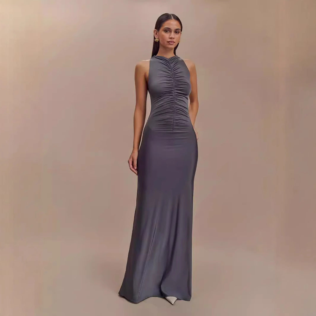 BENPAOLV 2025 Women's New style fashion autumn and winter new sleeveless pleated temperament solid color hip-wrapped long dress women