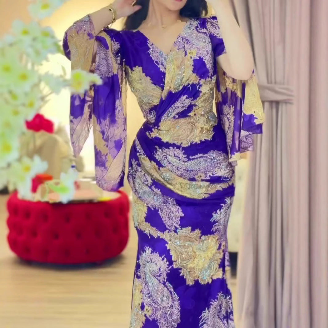 2025 popular spring and summer New women's clothing Popular trade independent station ebay sexy chiffon printing pendulum ball evening dress
