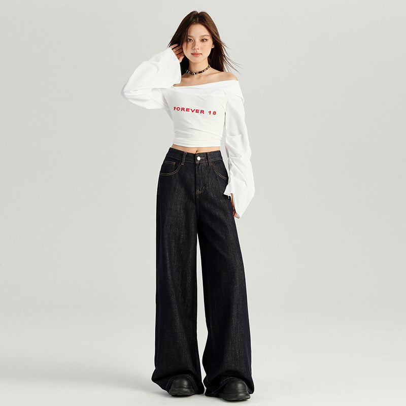 2025 Wholesale hair generation n retro high waist wide leg jeans women's dark blue autumn new loose lazy straight tube