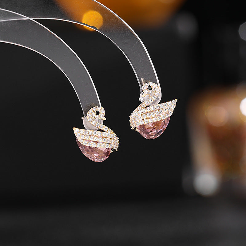 2025 Korean Internet celebrity temperament simple zircon blue crystal earrings S925 silver needle jewelry music note swan earrings