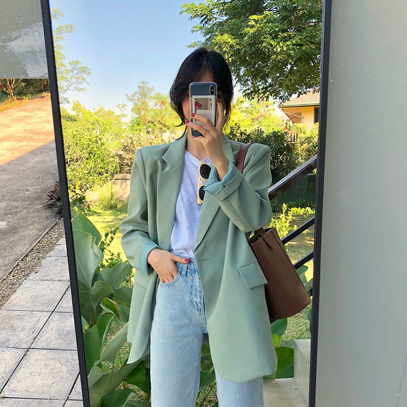Green small suit women's 2025 spring and autumn new Korean version loose casual temperament small suit jacket top Dongdaemun