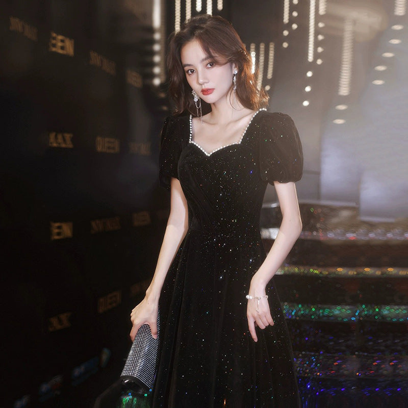 2025 Black evening dress dress, female banquet temperament, light luxury, niche, high-end art examination performance, Hepburn host, high sense