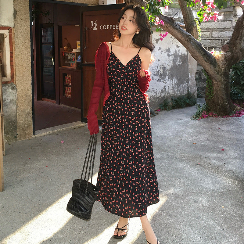 2025 Spring New Vintage High Waist Suspender Dress Sub-print Pure Desire Vacation Dress Women 88201