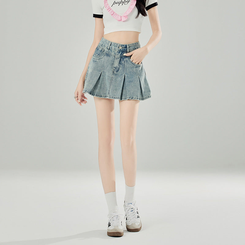 2025 Light blue denim skirt women's summer popular new high-waisted A-word pleated skirt showing long legs Spice girl short skirt