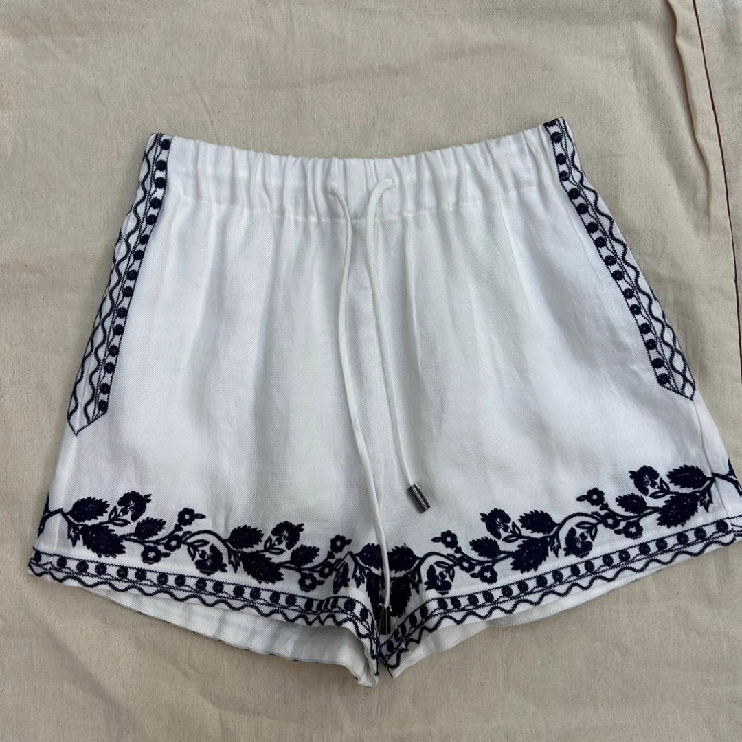 2025 popular summer new exquisite embroidered imitation linen vest elastic waist shorts set summer breath versatile casual